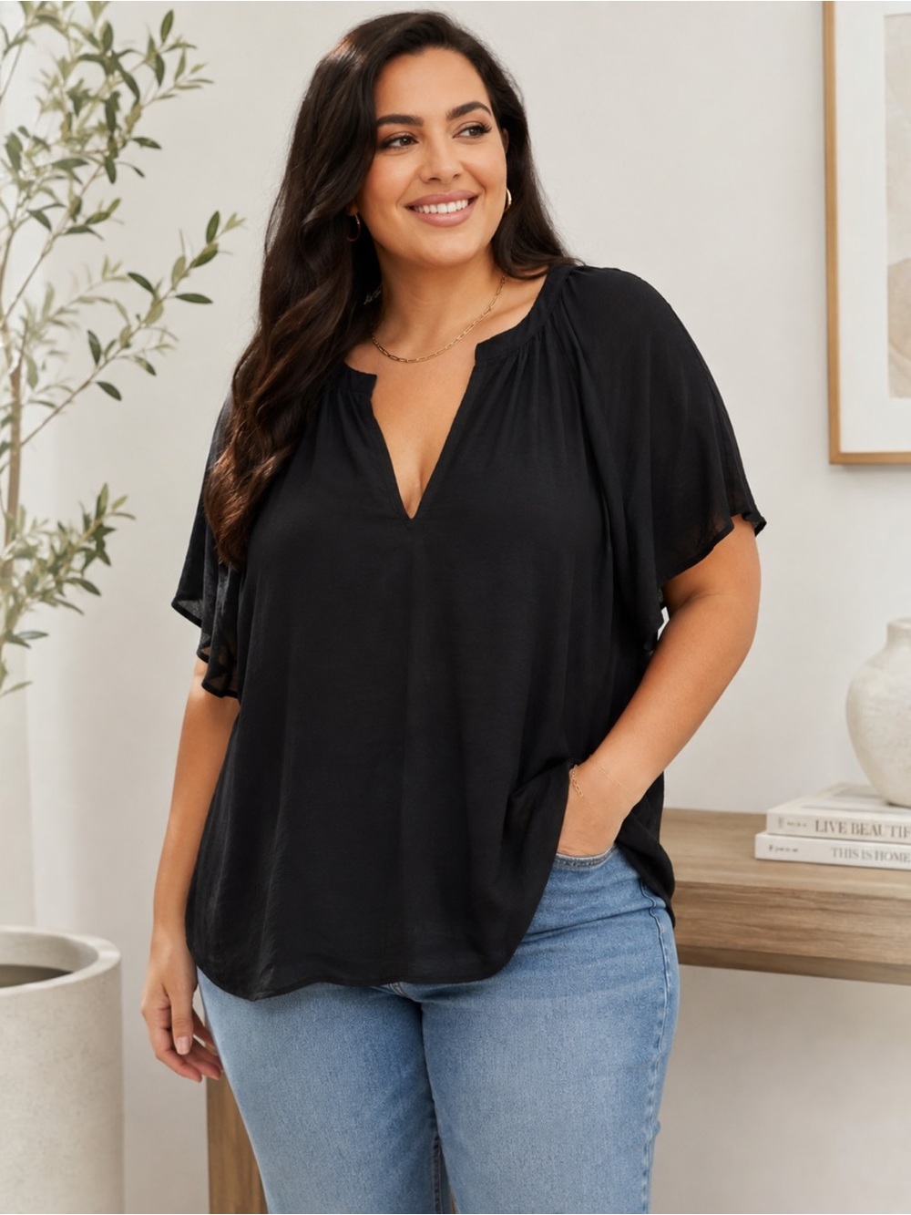 Old Navy Black V-Neck Flutter Sleeve Rayon Blouse Top XXL NWT